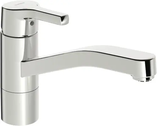 Küchenarmatur mit einem Hebel in chromfarbenem Finish. Der Auslauf ist leicht gebogen. Das Produkt gehört zur Marke HANSA und ist für Niederdrucksysteme geeignet.